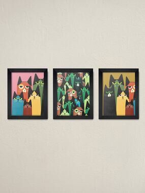 Set of 3 Cat Framed Wall Art  | Cute Kitten Canvas Prints